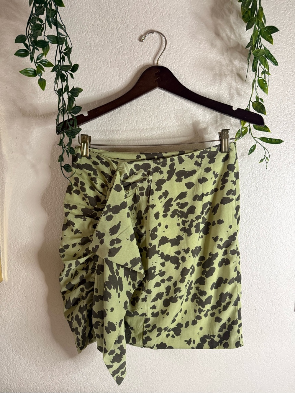 Nasty Gal Green Animal Print Mini Skirt with Ruffle Tie